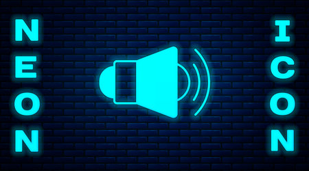 Glowing neon Megaphone icon isolated on brick wall background. Speaker sign. Vector.のイラスト素材