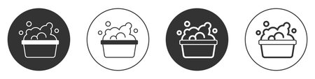 Black Plastic basin with soap suds icon isolated on white background. Bowl with water. Washing clothes, cleaning equipment. Circle button. Vector.のイラスト素材
