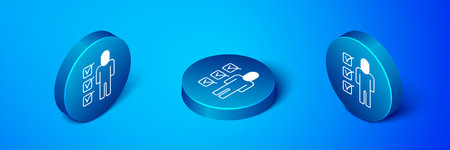 Isometric Resume icon isolated on blue background. CV application. Searching professional staff. Analyzing personnel resume. Blue circle button. Vector.のイラスト素材