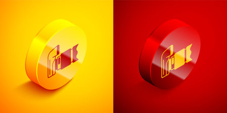 Isometric Photo camera icon isolated on orange and red background. Foto camera. Digital photography. Circle button. Vector.のイラスト素材