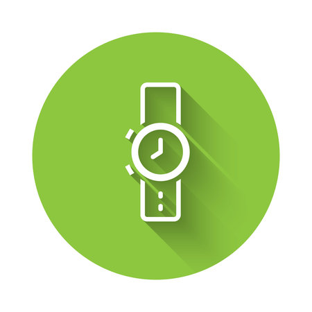 White Wrist watch icon isolated with long shadow background. Wristwatch icon. Green circle button. Vector.のイラスト素材