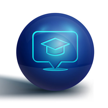 Blue Graduation cap in speech bubble icon isolated on white background. Graduation hat with tassel icon. Blue circle button. Vector.のイラスト素材