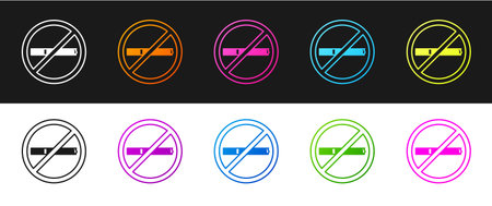 Set No smoking icon isolated on black and white background. Cigarette smoking prohibited sign. Vector.のイラスト素材