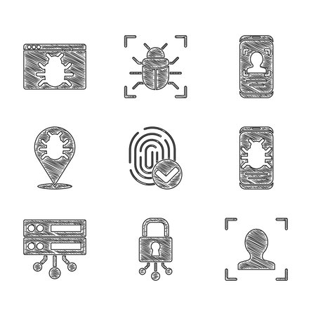 Set Fingerprint Cyber security Face recognition System bug mobile Server Data Web Hosting Mobile and face and icon. Vector.のイラスト素材