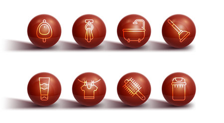 Set line Toilet urinal or pissoir Tube of toothpaste Rubber plunger Hairbrush Drying clothes Towel on hanger Trash can and Bathtub icon. Vector.のイラスト素材