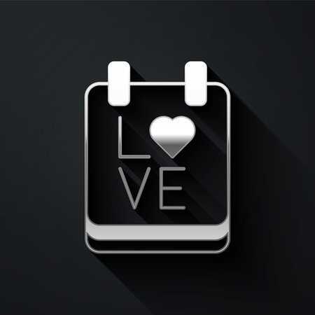 Silver Calendar with February 14 icon isolated on black background. Valentines day. Love symbol. Long shadow style. Vector.のイラスト素材