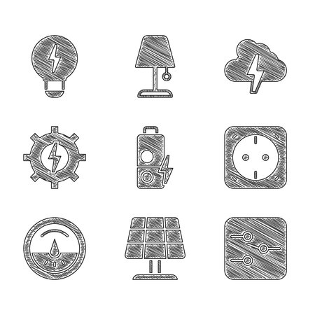 Set Battery charge Solar energy panel Switch in electronic circuit Electrical outlet meter Gear and lightning Cloud and Creative lamp idea icon. Vector.のイラスト素材