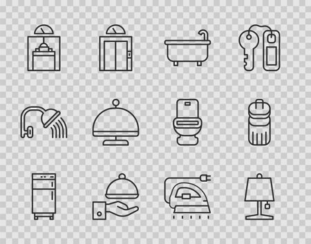 Set line Refrigerator Table lamp Bathtub Covered with tray Lift Electric iron and Trash can icon. Vector.のイラスト素材