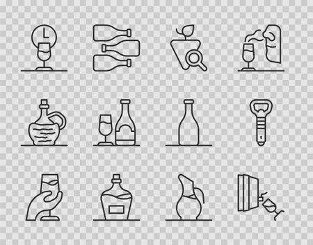 Set line Wine tasting degustation Grapes Old bottle of wine time with glass Decanter for and Bottle opener icon. Vector.のイラスト素材