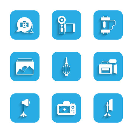 Set Dust blower Photo camera Studio light bulb in softbox Cinema frame Camera film roll cartridge and icon. Vector.のイラスト素材