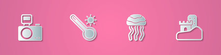 Set paper cut Photo camera with flash, Meteorology thermometer, Jellyfish and Sand castle icon....