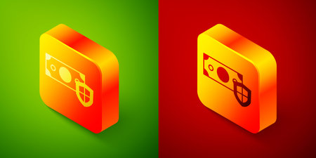 Isometric Money with shield icon isolated on green and red background. Insurance concept. Security, safety, protection, protect concept. Square button. Vector.のイラスト素材