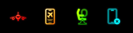 Set Plane, Mobile with ticket, Airplane seat and No cell phone icon. Vector.のイラスト素材