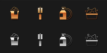 Set Bucket with foam, Toilet brush, Dishwashing liquid bottle and Basin soap suds icon. Vector.のイラスト素材