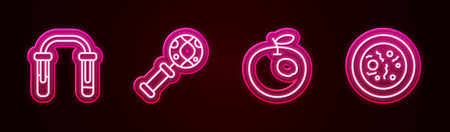 Set line Test tube and flask, DNA research, search, Genetically modified apple and Petri dish with bacteria. Glowing neon icon. Vector.のイラスト素材
