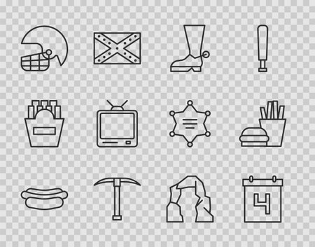 Set line Hotdog sandwich Calendar with date July 4 Cowboy boot Pickaxe American football helmet Retro tv Grand canyon and Burger French fries icon. Vector.のイラスト素材