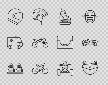 Set line Snowboard Speedboat Skates Bicycle Helmet Motorcycle ATV motorcycle and Vintage sport racing car icon. Vector.のイラスト素材