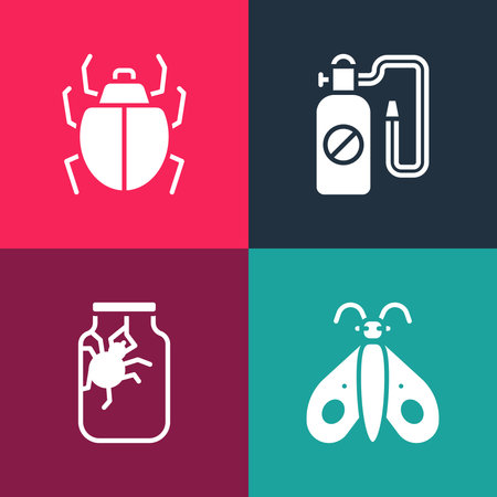 Set pop art Butterfly, Spider in jar, Pressure sprayer and Mite icon. Vector.のイラスト素材