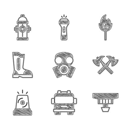 Set Gas mask Fire truck Smoke alarm system Firefighter ax Flasher siren boots Burning match with fire and hydrant icon. Vector.のイラスト素材