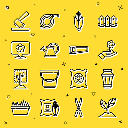 Set line Plant Garden light lamp Hand holding flower Corn Watering can Location with Wooden ax and saw icon. Vector.のイラスト素材