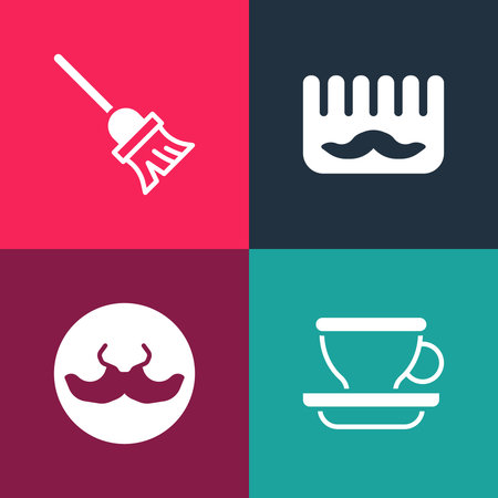 Set pop art Coffee cup, Mustache, Hairbrush and Mop icon. Vector.のイラスト素材