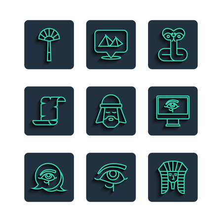 Set line Eye of Horus Egyptian pharaoh Snake man Papyrus scroll fan and on monitor icon. Vector.のイラスト素材