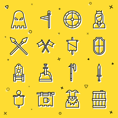 Set line Wooden barrel Medieval sword Shield Round wooden shield Crossed medieval flag spears Executioner mask and icon. Vector.のイラスト素材