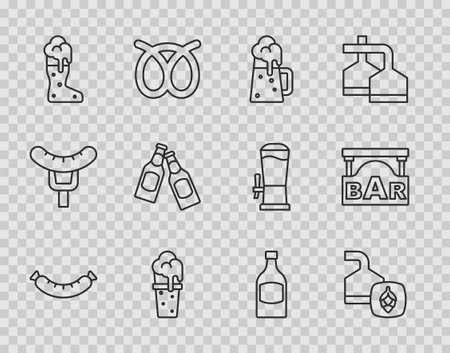 Set line Sausage Beer brewing process Wooden beer mug Glass of Boot glass bottle and Street signboard with Bar icon. Vector.のイラスト素材