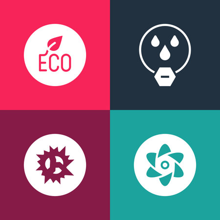 Set pop art Test tube and flask, Bomb explosion, Water drop forbidden and Leaf Eco symbol icon. Vector.のイラスト素材