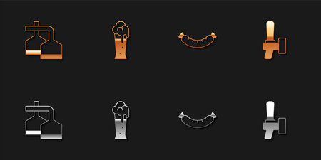 Set Beer brewing process, Glass of beer, Sausage and tap icon. Vector.のイラスト素材