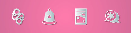 Set paper cut Handcuffs, British police helmet, Plastic bag of drug and Hexagram sheriff icon. Paper...