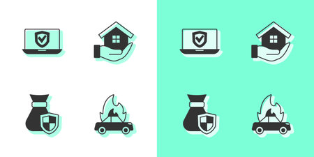 Set Burning car Insurance online Money bag with shield and House hand icon. Vector.のイラスト素材