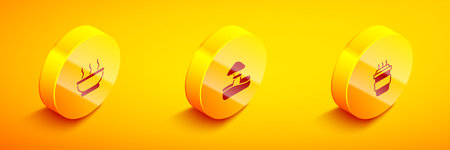 Set Isometric Bowl of hot soup, Mushroom and Coffee cup to go icon. Vector.のイラスト素材