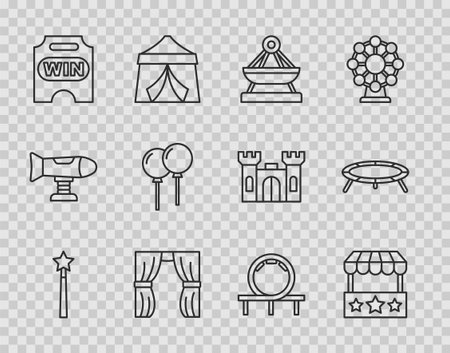 Set line Magic wand Ticket box office Boat swing Circus curtain raises ticket Balloons with ribbon Roller coaster and Jumping trampoline icon. Vector.のイラスト素材