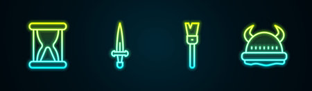 Set line Old hourglass with sand, Dagger, Paint brush and Viking horned helmet. Glowing neon icon. Vector.のイラスト素材