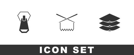Set Zipper, Knitting needles and Layers clothing textile icon. Vector.のイラスト素材