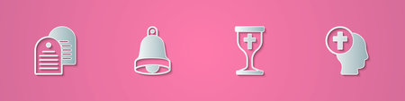 Set paper cut Holy bible book Church bell Christian chalice and Priest icon. Paper art style. Vector.のイラスト素材