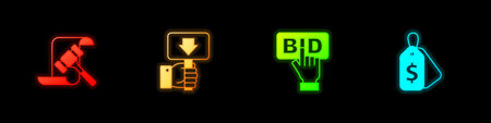Set Auction hammer Hand holding auction paddle Bid and Price tag with Sale icon. Vector.のイラスト素材