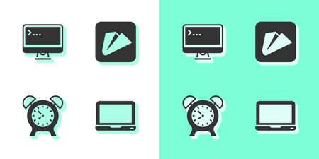 Set Laptop, Computer monitor, Alarm clock and Paper airplane icon. Vector.のイラスト素材