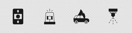 Set Fire alarm system Flasher siren Burning car and sprinkler icon. Vector.のイラスト素材