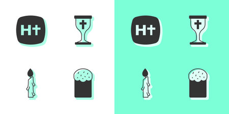 Set Easter cake Christian cross Burning candle and chalice icon. Vector.のイラスト素材