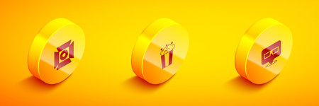Set Isometric Movie spotlight Popcorn in cardboard box and 3D cinema glasses icon. Vector.のイラスト素材