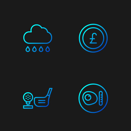 Set line British breakfast, Golf club with ball on tee, Cloud rain and Coin money pound. Gradient color icons. Vector.のイラスト素材