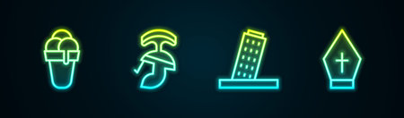Set line Ice cream, Roman army helmet, Tower in Pisa and Pope hat. Glowing neon icon. Vector.のイラスト素材