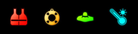 Set Life jacket, Lifebuoy, Elegant women hat and Meteorology thermometer icon. Vector.のイラスト素材