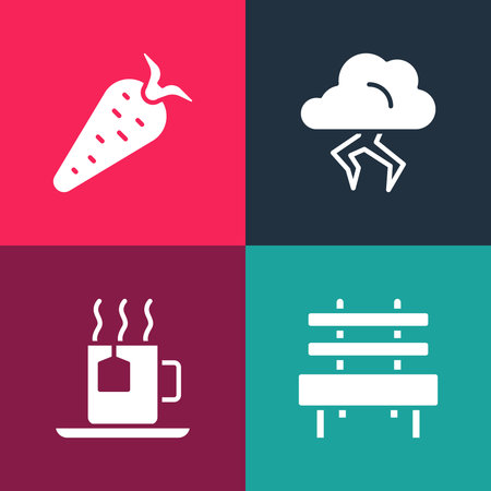 Set pop art Bench, Cup of tea with tea bag, Storm and Carrot icon. Vector.のイラスト素材