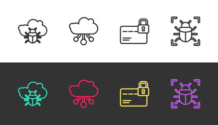 Set line System bug on a cloud, Internet of things, Credit card with lock and on black and white. Vector.のイラスト素材
