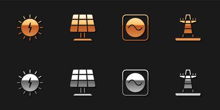 Set Solar energy panel AC voltage source and Electric tower line icon. Vector.のイラスト素材