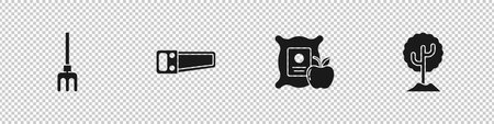 Set Garden rake, Hand saw, Apple in the sack and Tree icon. Vector.のイラスト素材