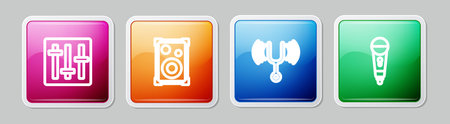Set line Sound mixer controller, Stereo speaker, Musical tuning fork and Microphone. Colorful square button. Vector.のイラスト素材